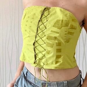 Vintage BICHE de BERE Vibrant Lime Strapless Lace-Up Crop Top